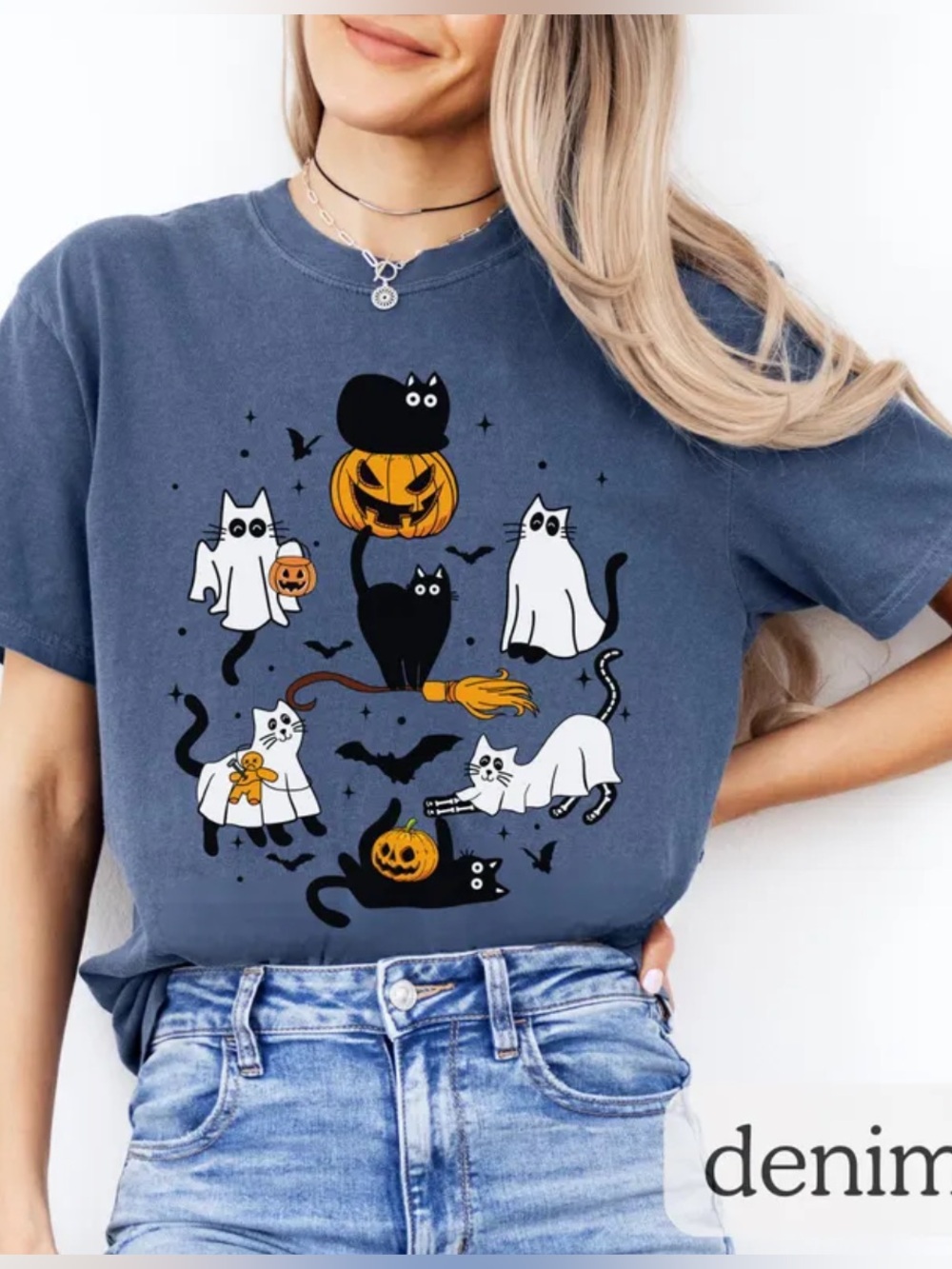 Comfort Colors Denim Halloween Cat Graphic Tee, Gift for Halloween